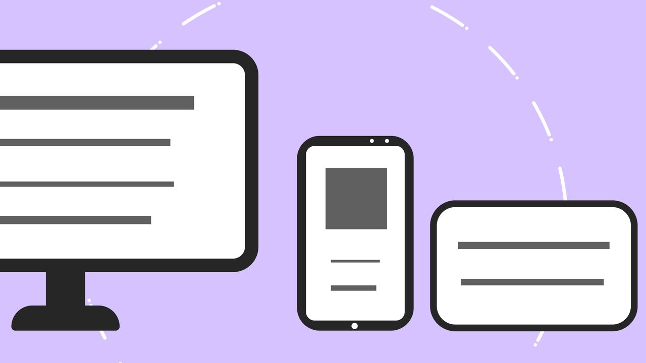 Vector icons with a contemporary phone beside a computer monitor and credit card, with gray lines on a purple background